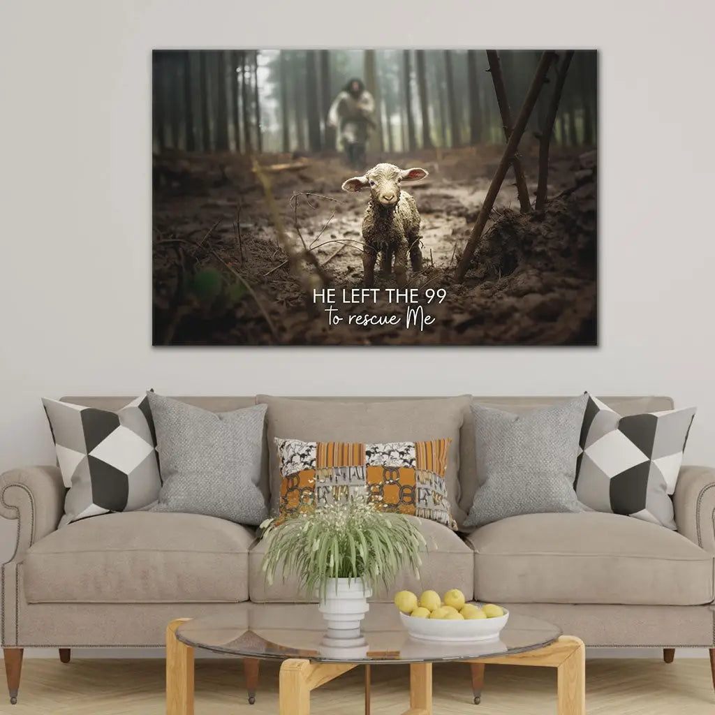 He Left the 99 to Rescue Me, Jesus and Lost Sheep, Wall Art Canvas