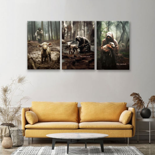 He Ran He Rescued He Carried 3 Panel Wall Art Canvas