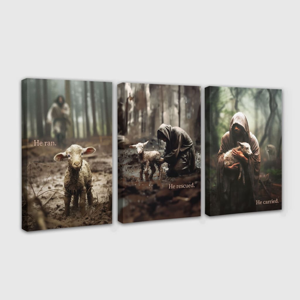 He Ran He Rescued He Carried 3 Panel Wall Art Canvas