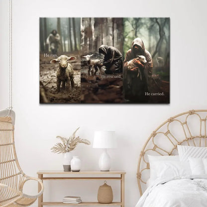 He Ran, He Rescued, He Carried, Jesus and Lost Sheep, Wall Art Canvas