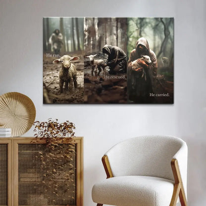 He Ran, He Rescued, He Carried, Jesus and Lost Sheep, Wall Art Canvas