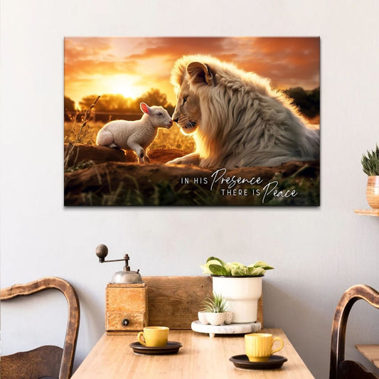 In His Presence There is Peace, Lion and Lamb, Wall Art Canvas