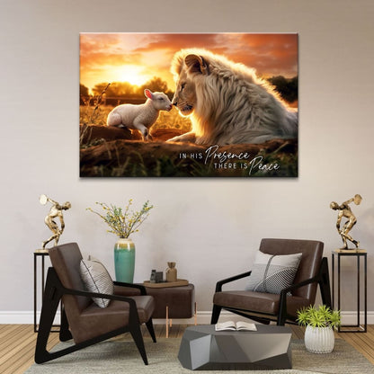 In His Presence There is Peace, Lion and Lamb, Wall Art Canvas