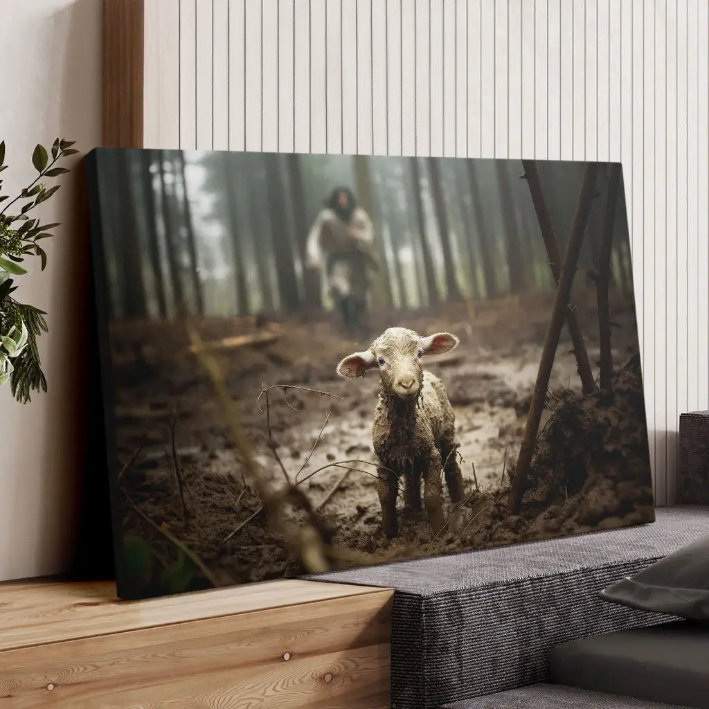 Jesus Running After a Lost Lamb, Jesus and Lamb Picture, Wall Art Canvas