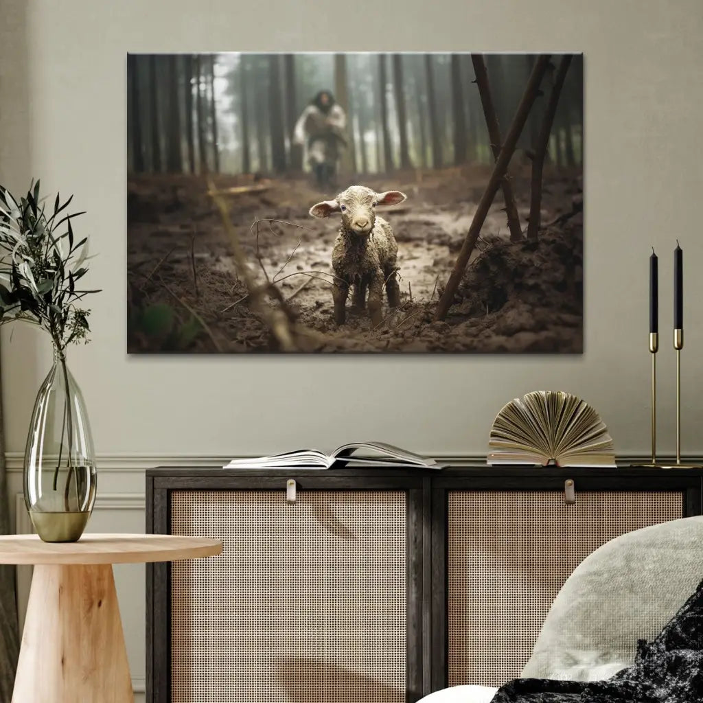 Jesus Running After a Lost Lamb, Jesus and Lamb Picture, Wall Art Canvas