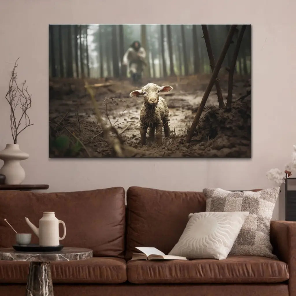 Jesus Running After a Lost Lamb, Jesus and Lamb Picture, Wall Art Canvas