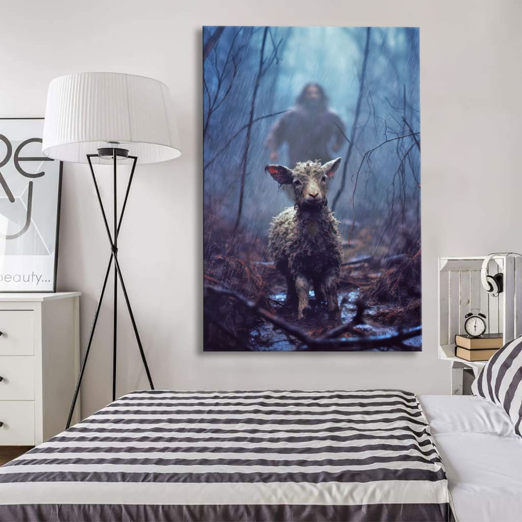 Jesus Running Toward a Lost Lamb in a Dark Rainy Forest Wall Art Canvas