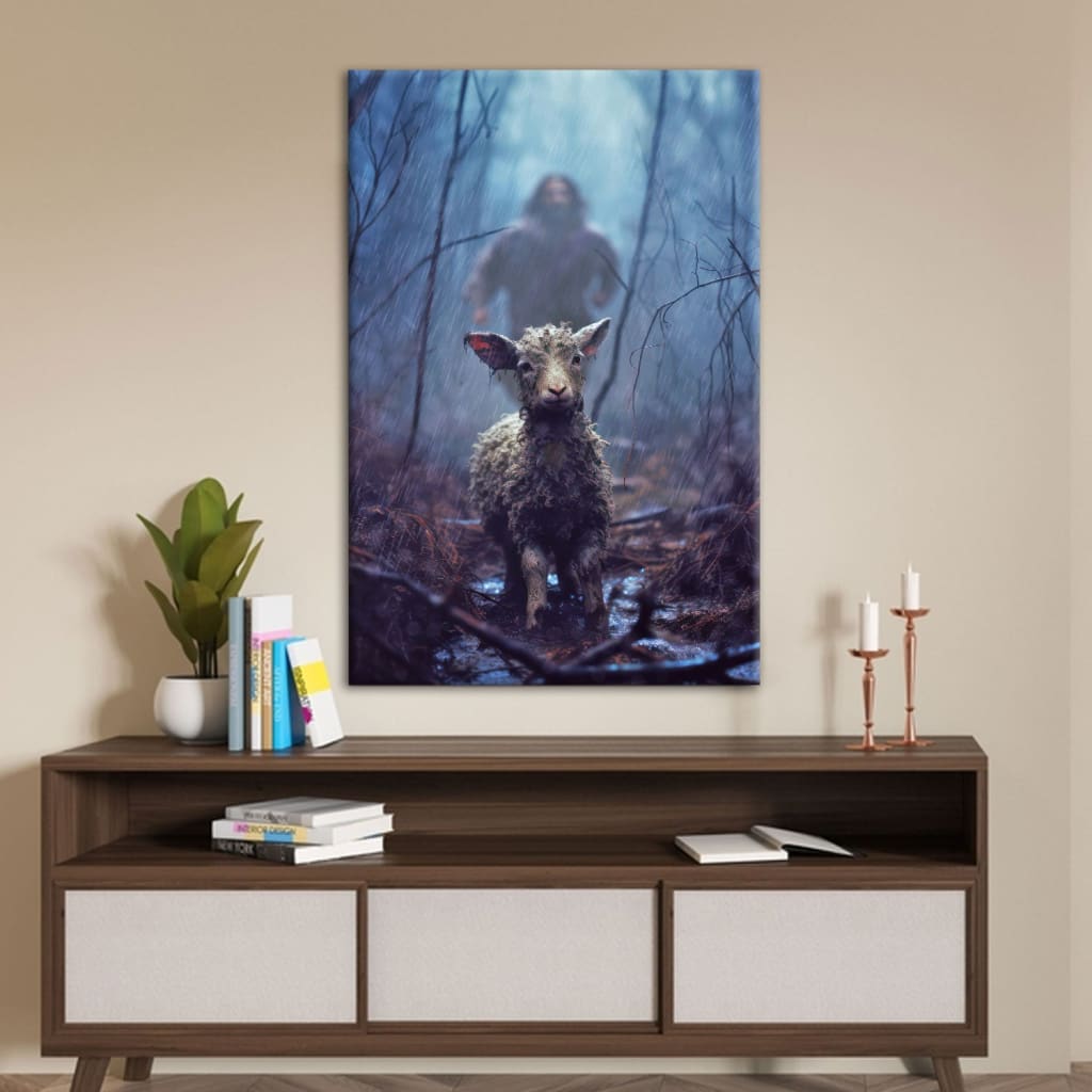 Jesus Running Toward a Lost Lamb in a Dark Rainy Forest Wall Art Canvas