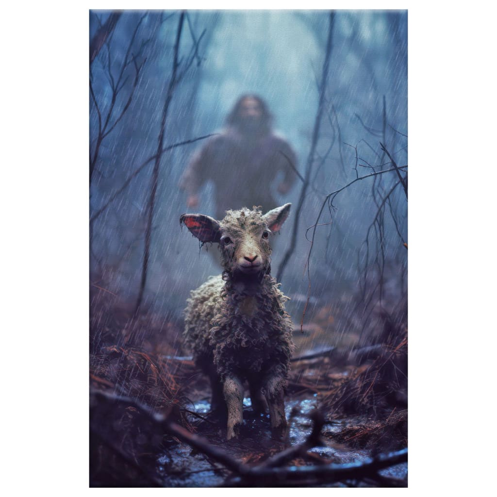 Jesus Running Toward a Lost Lamb in a Dark Rainy Forest Wall Art Canvas