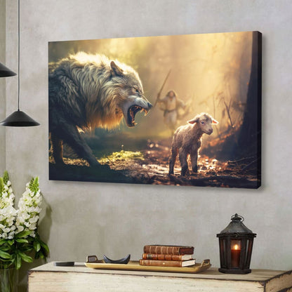 Jesus Running Towards Wolf and Lamb Wall Art Canvas