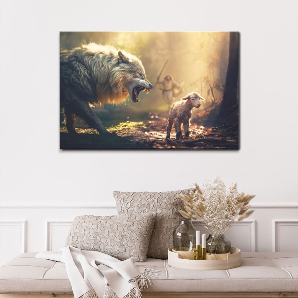 Jesus Running Towards Wolf and Lamb Wall Art Canvas