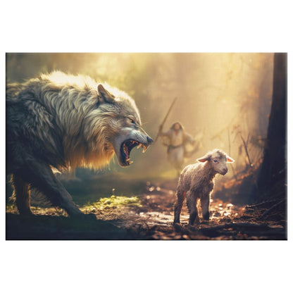 Jesus Running Towards Wolf and Lamb Wall Art Canvas