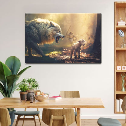 Jesus Running Towards Wolf and Lamb Wall Art Canvas