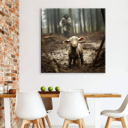 Jesus With The Sheep, Jesus Running After Lamb, Wall Art Canvas Print