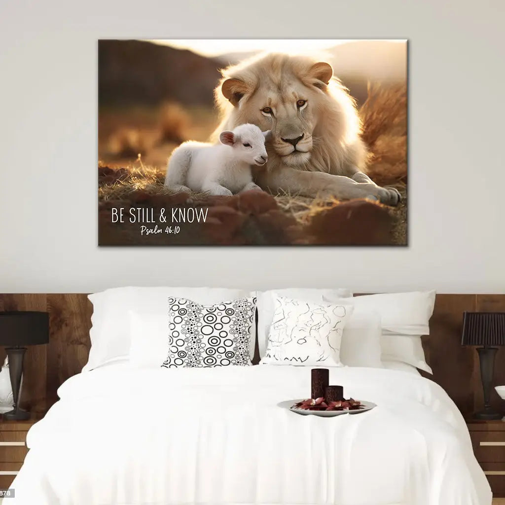 Lion and Lamb, Be Still and Know Psalm 46:10, Wall Art Canvas Print