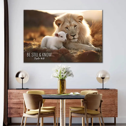 Lion and Lamb, Be Still and Know Psalm 46:10, Wall Art Canvas Print