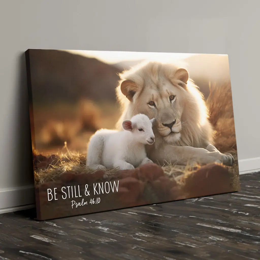 Lion and Lamb, Be Still and Know Psalm 46:10, Wall Art Canvas Print